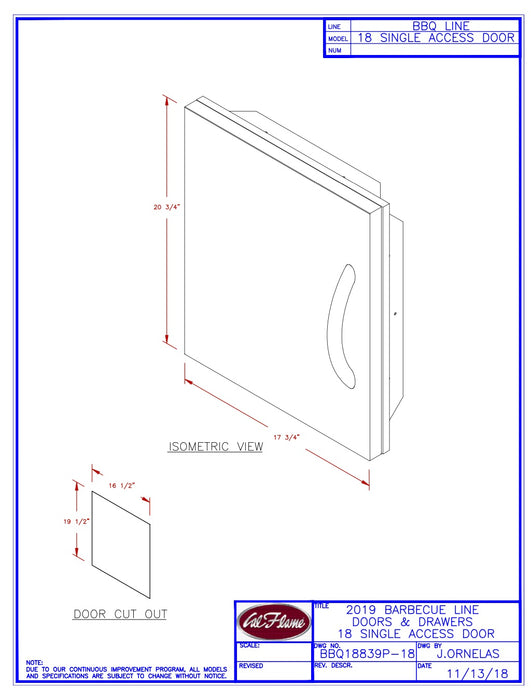Cal flame 18" Single Access Door Part #: BBQ18839P-18