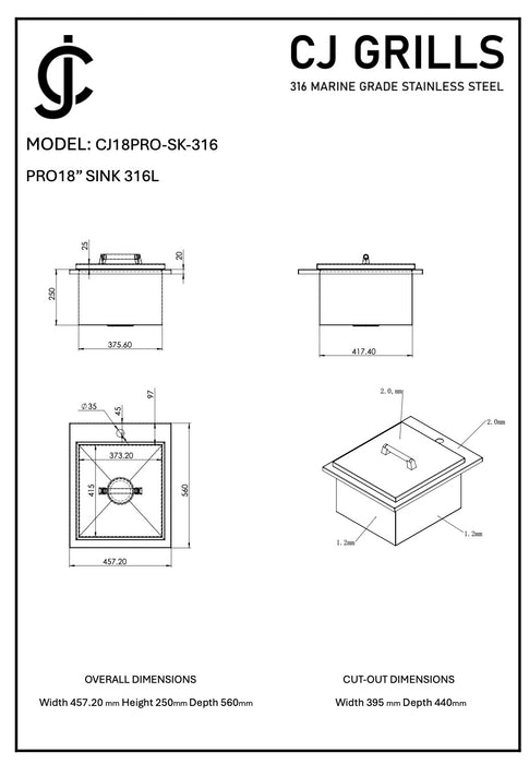 18" Outdoor Sink – 316L Marine Grade Stainless Steel (CJ18PRO-SK-316)