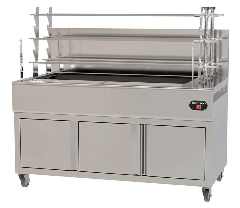 ROASTER BIOKAN Charcoal Grill With 6 Spits And Cabinet BIOKAN LG34 160x610x154cm Lockable Casters , 85KG