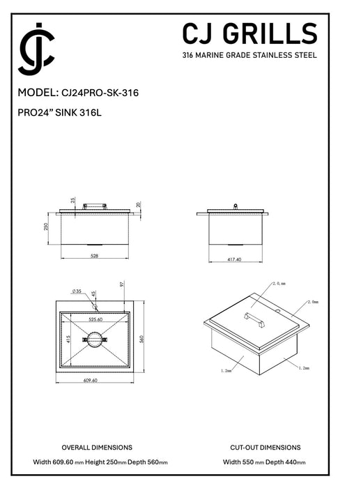 24" Outdoor Sink – 316L Marine Grade Stainless Steel (CJ24PRO-SK-316)