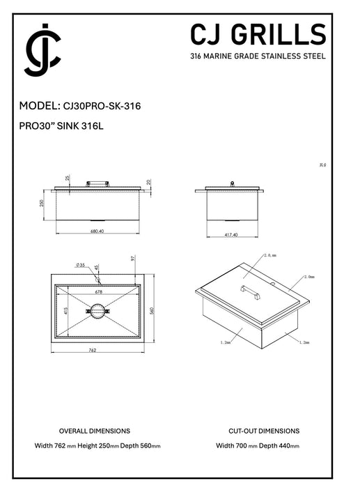 30" Outdoor Sink – 316L Marine Grade Stainless Steel (CJ30PRO-SK-316)