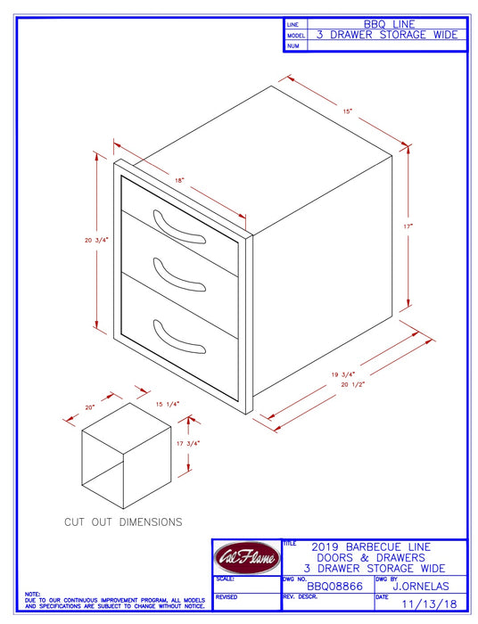 Cal Flame 3 Drawer Storage Wide Part #: BBQ08866