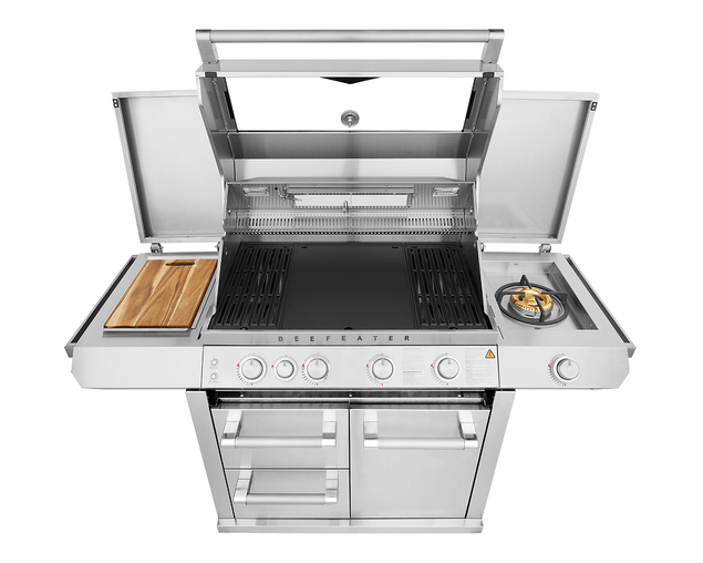 BEEFEATER 7000 PREMIUM 4 BURNER BBQ, SIDE BURNER & TROLLEY BMF7645SA