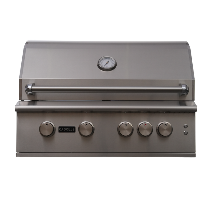CJ Grills 32" 304S Hybrid Built-In Grill – Gas, Charcoal & Wood (CJ32S-304) Includes CJ Grills branded vinyl cover, charcoal tray, and rotisserie kit