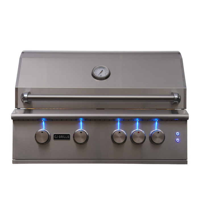 CJ Grills 32" 304S Hybrid Built-In Grill – Gas, Charcoal & Wood (CJ32S-304) Includes CJ Grills branded vinyl cover, charcoal tray, and rotisserie kit