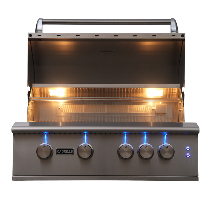 CJ Grills 32" 304S Hybrid Built-In Grill – Gas, Charcoal & Wood (CJ32S-304) Includes CJ Grills branded vinyl cover, charcoal tray, and rotisserie kit