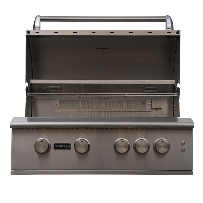 CJ Grills 32" 304S Hybrid Built-In Grill – Gas, Charcoal & Wood (CJ32S-304) Includes CJ Grills branded vinyl cover, charcoal tray, and rotisserie kit