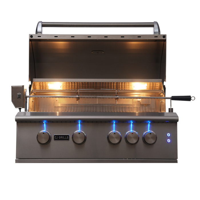 CJ Grills 32" 304S Hybrid Built-In Grill – Gas, Charcoal & Wood (CJ32S-304) Includes CJ Grills branded vinyl cover, charcoal tray, and rotisserie kit