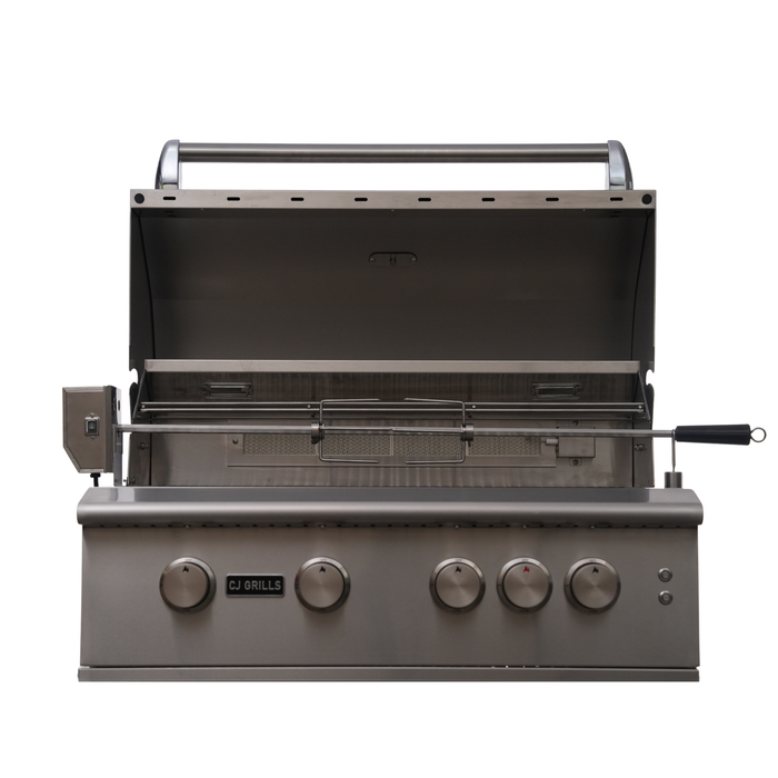 CJ Grills 32" 304S Hybrid Built-In Grill – Gas, Charcoal & Wood (CJ32S-304) Includes CJ Grills branded vinyl cover, charcoal tray, and rotisserie kit