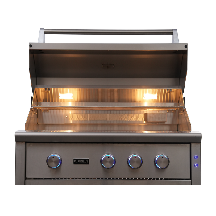 CJ Grills 36" 304S Hybrid Built-In Grill – Gas, Charcoal & Wood (CJ36S-304) Includes CJ Grills branded vinyl cover, charcoal tray, and rotisserie kit