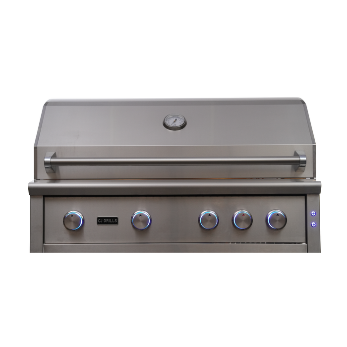 CJ Grills 42" 304S Hybrid Built-In Grill – Gas, Charcoal & Wood (CJ42S-304) Includes CJ Grills branded vinyl cover, charcoal tray, and rotisserie kit