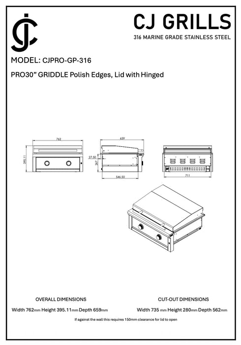 30" Pro Series Built-In Griddle – 316 Marine Grade Stainless Steel (CJPRO-GP-316)