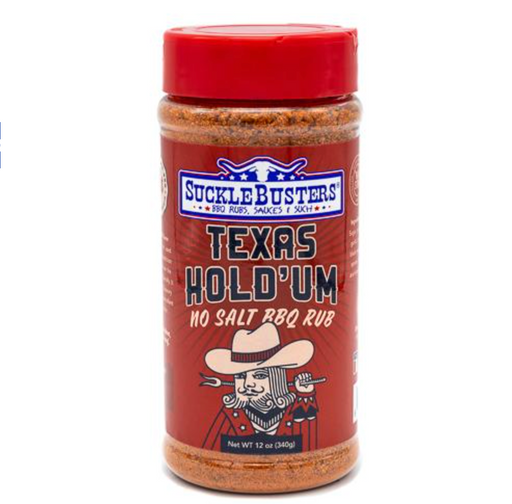 Jar of SuckleBusters Texas Hold'Um no salt BBQ rub on a white background