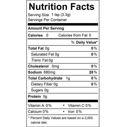 Nutrition information label for SuckleBusters SPG all-purpose BBQ rub with salt, pepper, and garlic