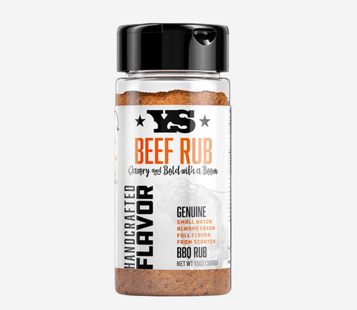 Bottle of Yoder Smokers beef rub with a white label on a white background