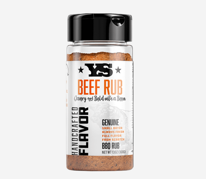 Bottle of Yoder Smokers beef rub with a white label on a white background